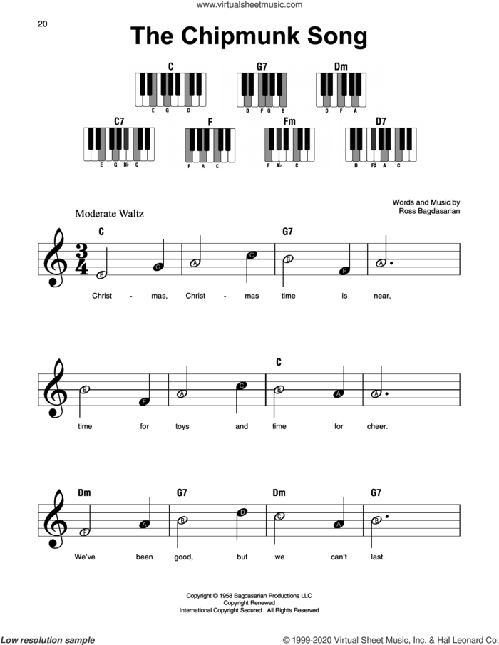 The Chipmunk Song sheet music for piano solo by The Chipmunks, Alvin And The Chipmunks and Ross Bagdasarian, beginner skill level