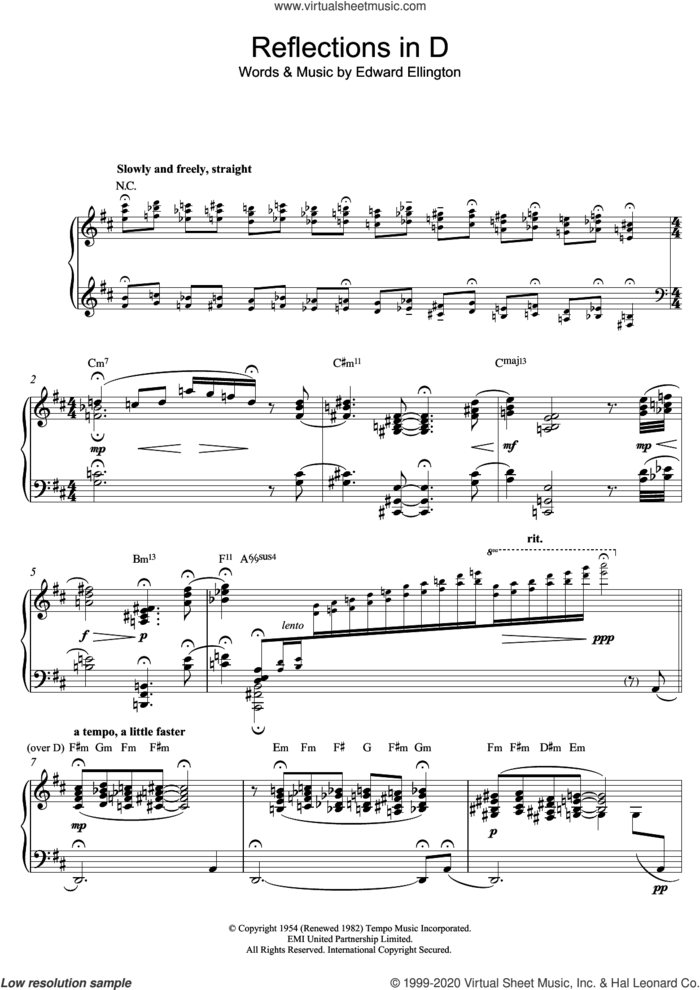 Reflections In D sheet music for piano solo by Bill Evans and Edward Ellington, intermediate skill level