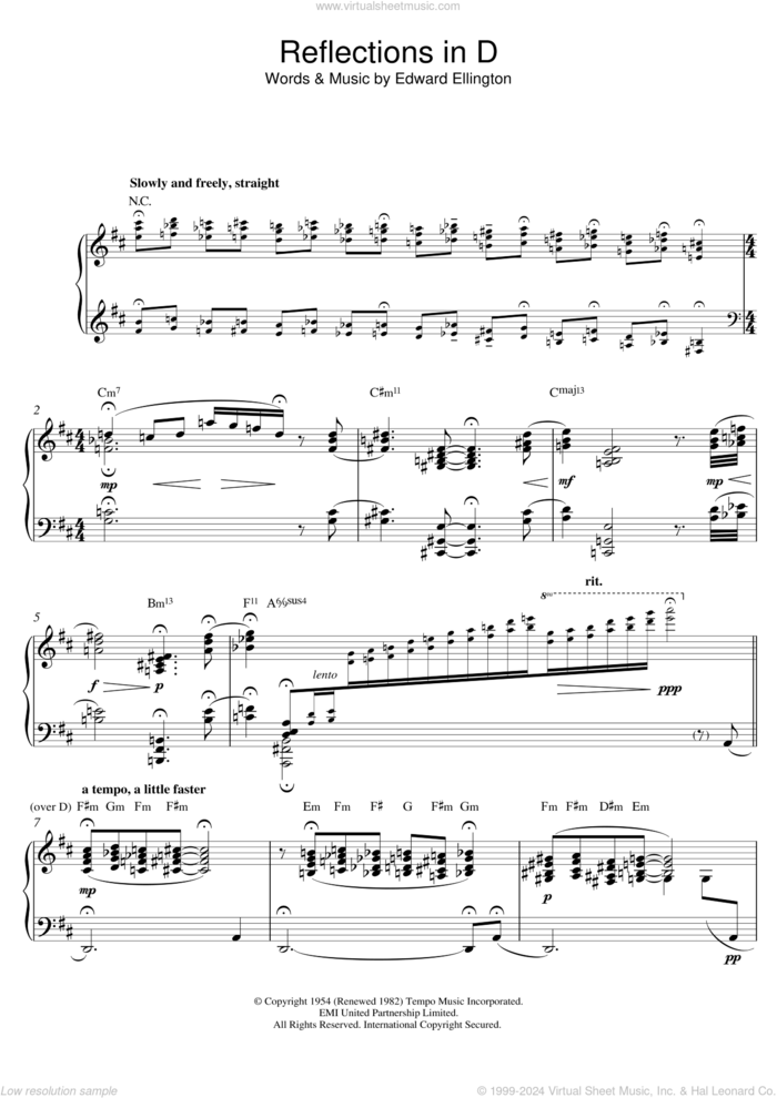 Reflections In D sheet music for piano solo by Bill Evans and Edward Ellington, intermediate skill level