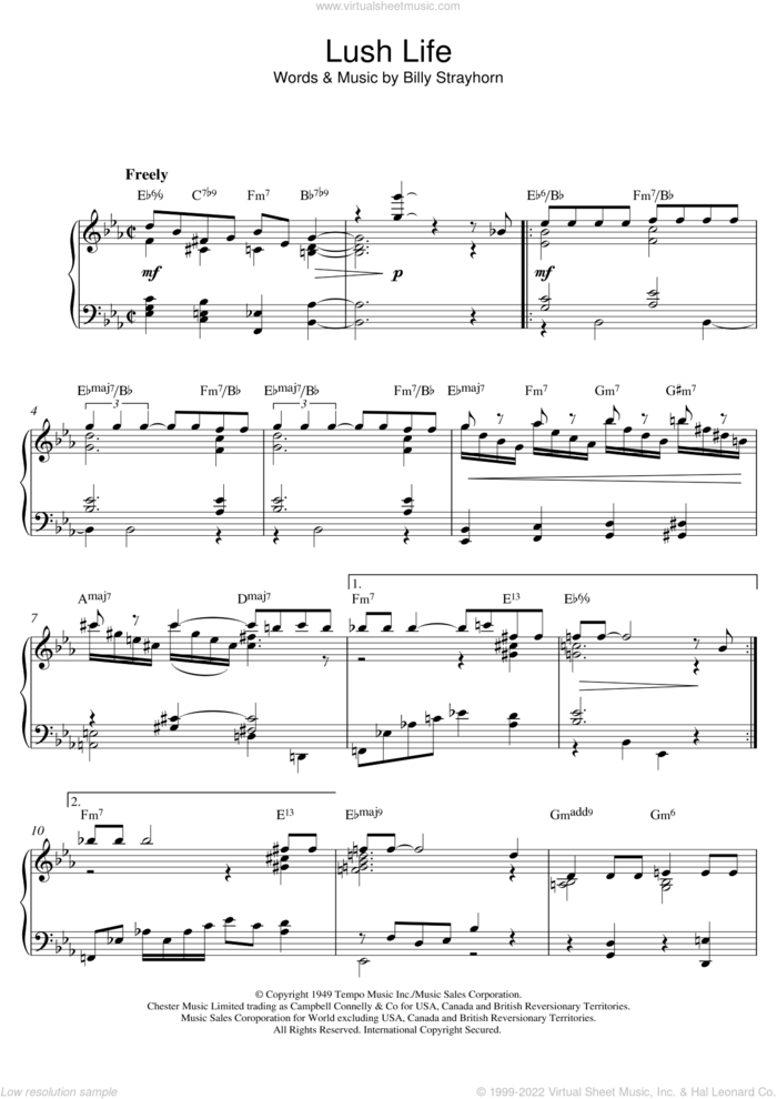 Lush Life sheet music for piano solo by Billy Strayhorn, intermediate skill level
