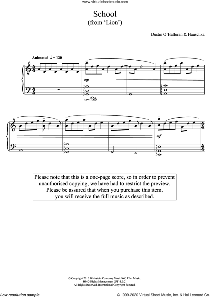School (from 'Lion') sheet music for piano solo by Dustin O'Halloran and Hauschka, intermediate skill level