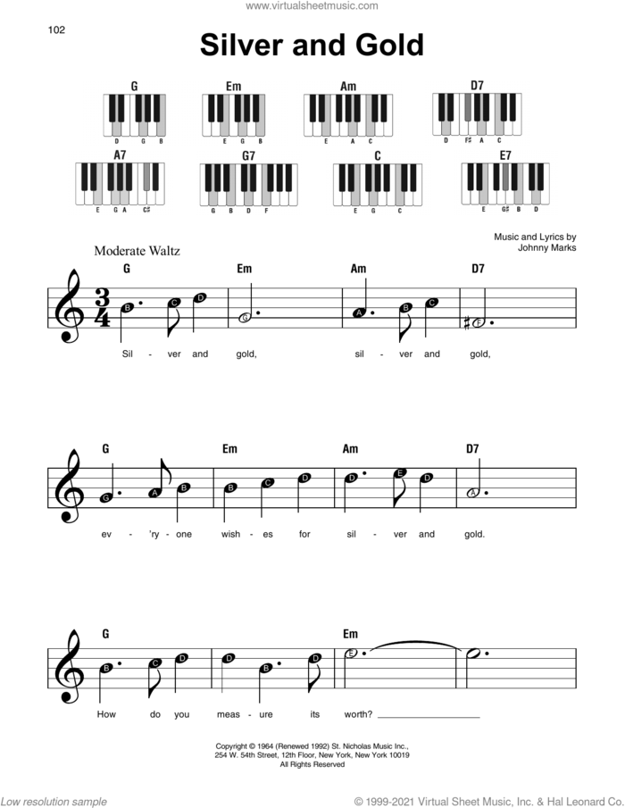 Silver And Gold sheet music for piano solo by Johnny Marks, beginner skill level