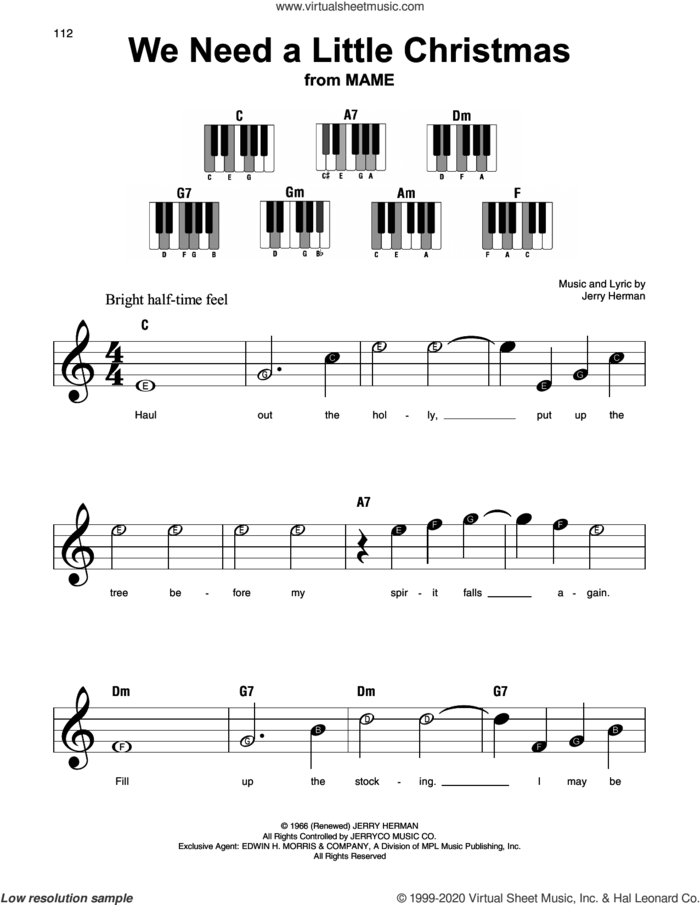 We Need A Little Christmas sheet music for piano solo by Jerry Herman and Kimberley Locke, beginner skill level