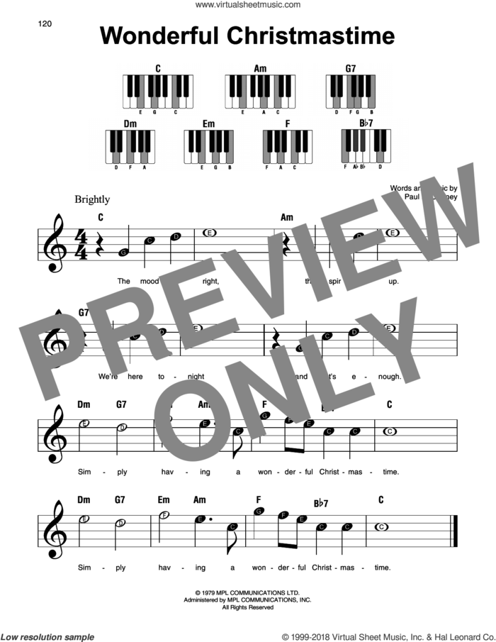 Wonderful Christmastime sheet music for piano solo by Paul McCartney, beginner skill level