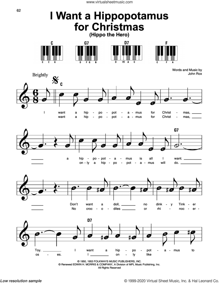 I Want A Hippopotamus For Christmas (Hippo The Hero) sheet music for piano solo by John Rox, beginner skill level