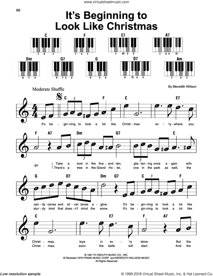 It's Beginning To Look Like Christmas sheet music for piano solo by Meredith Willson, beginner skill level