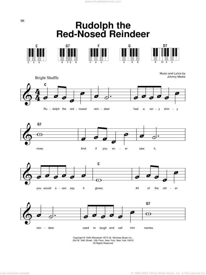 Rudolph The Red-Nosed Reindeer sheet music for piano solo by Johnny Marks and John Denver, beginner skill level