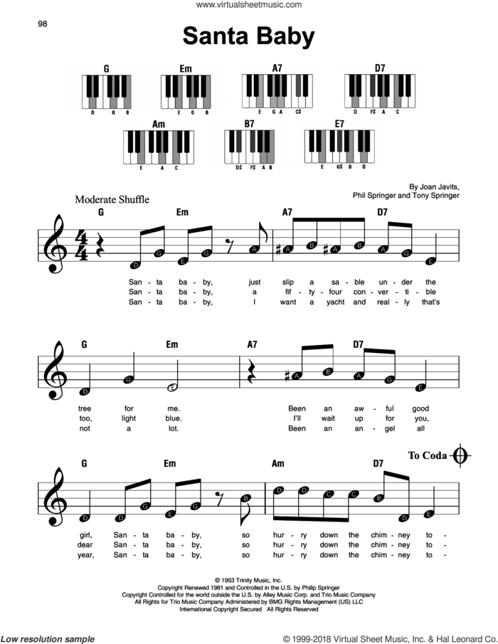 Santa Baby sheet music for piano solo by Eartha Kitt, Kellie Pickler, Taylor Swift, Joan Javits, Phil Springer and Tony Springer, beginner skill level