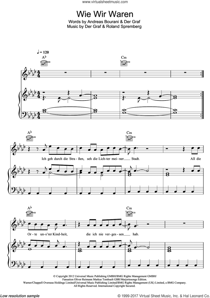 Wie Wir Waren sheet music for voice, piano or guitar by Unheilig, Der Graf and Roland Spremberg, intermediate skill level
