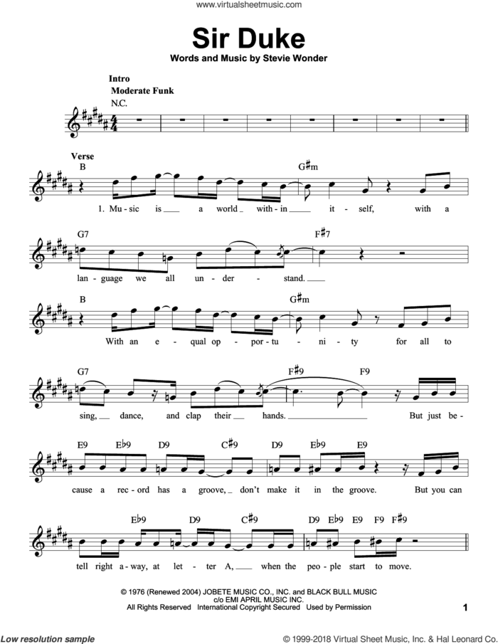 Sir Duke sheet music for voice solo by Stevie Wonder, intermediate skill level