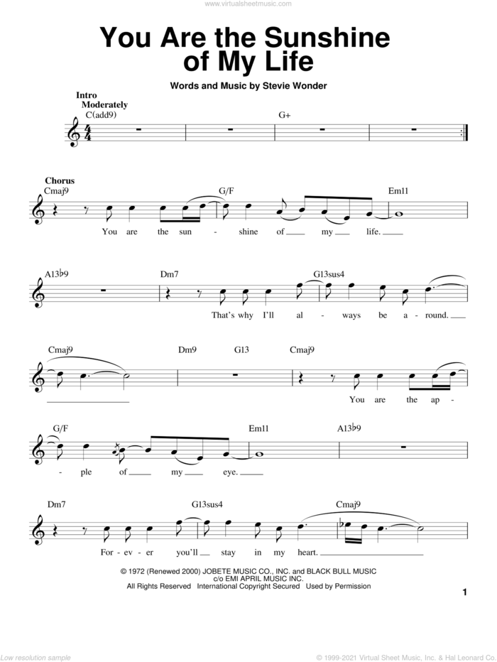 You Are The Sunshine Of My Life sheet music for voice solo by Stevie Wonder, intermediate skill level