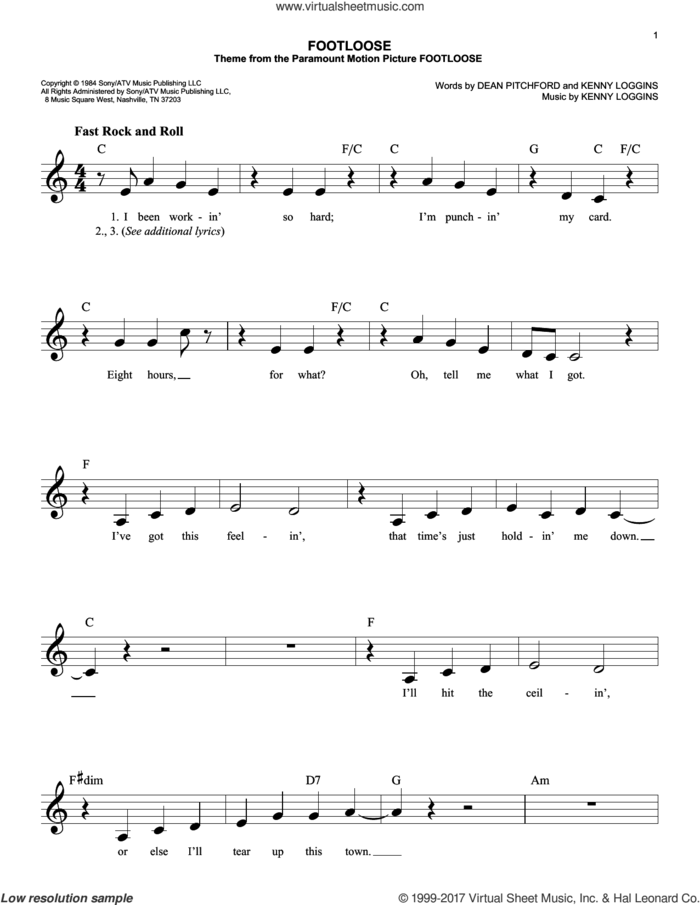 Footloose sheet music for voice and other instruments (fake book) by Kenny Loggins and Dean Pitchford, easy skill level