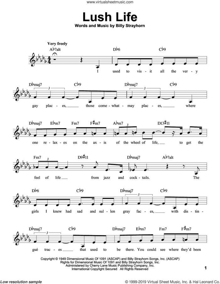 Lush Life sheet music for voice solo by Billy Strayhorn, intermediate skill level