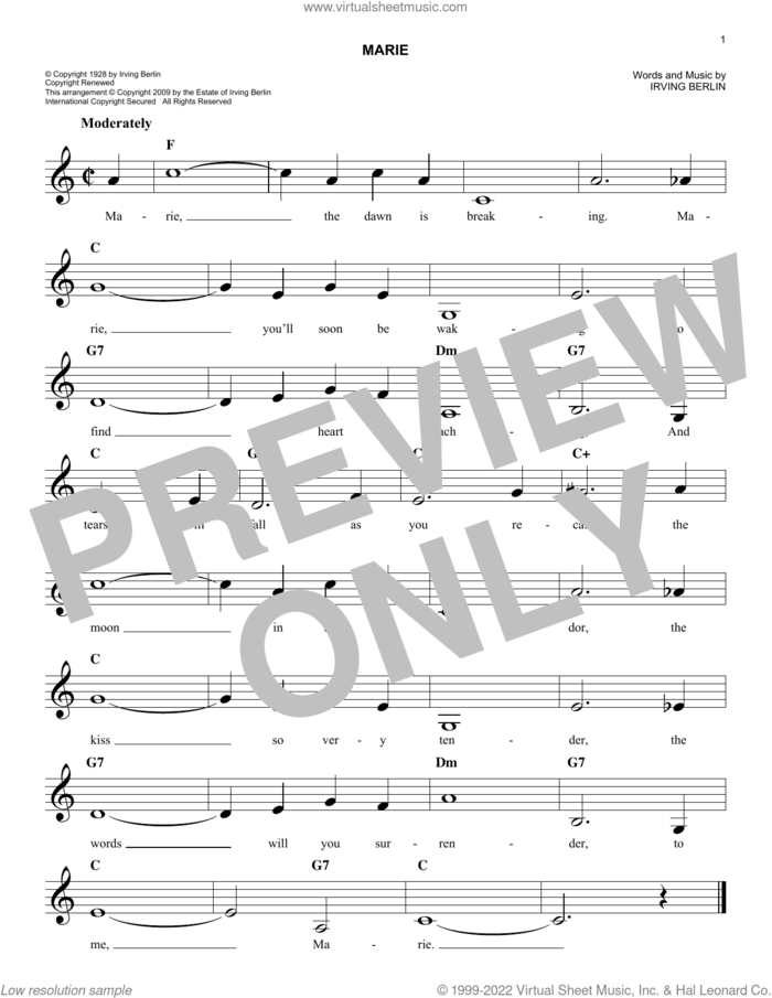 Marie sheet music for voice and other instruments (fake book) by Irving Berlin and The Bachelors, easy skill level