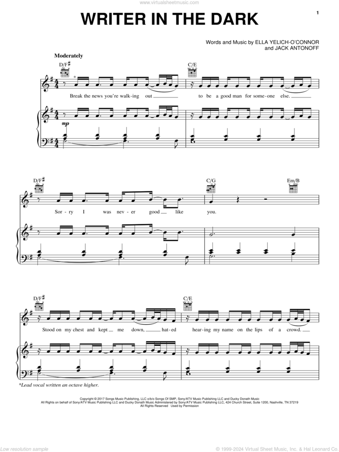 Writer In The Dark sheet music for voice, piano or guitar by Lorde and Jack Antonoff, intermediate skill level