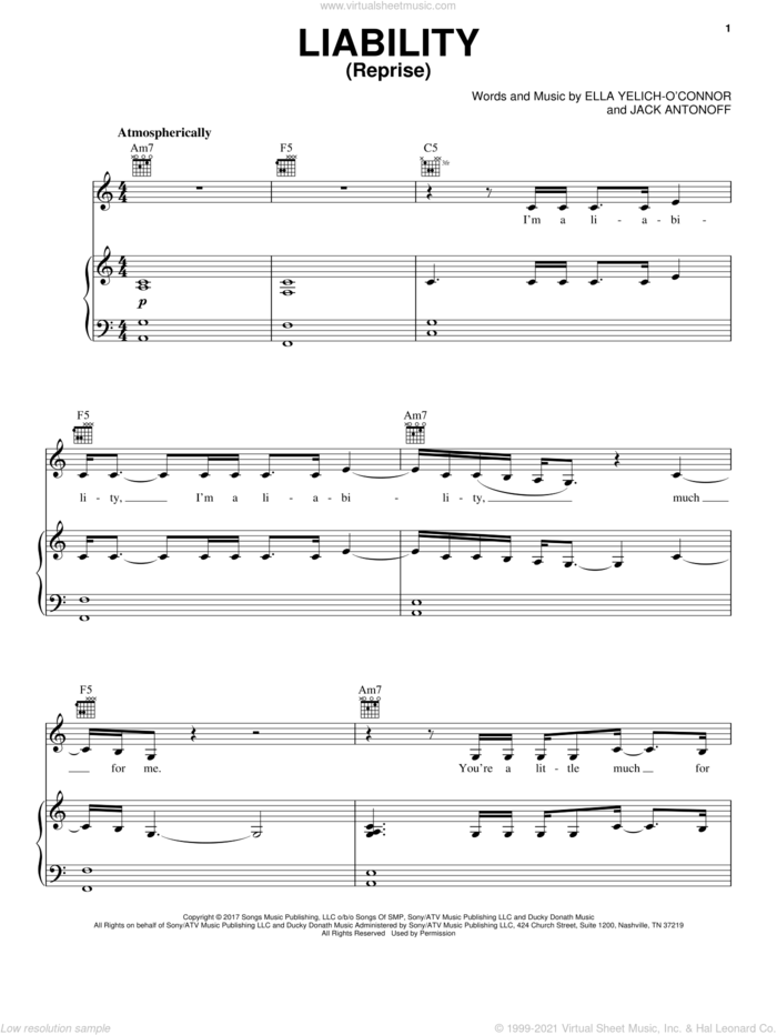 Liability (Reprise) sheet music for voice, piano or guitar by Lorde and Jack Antonoff, intermediate skill level