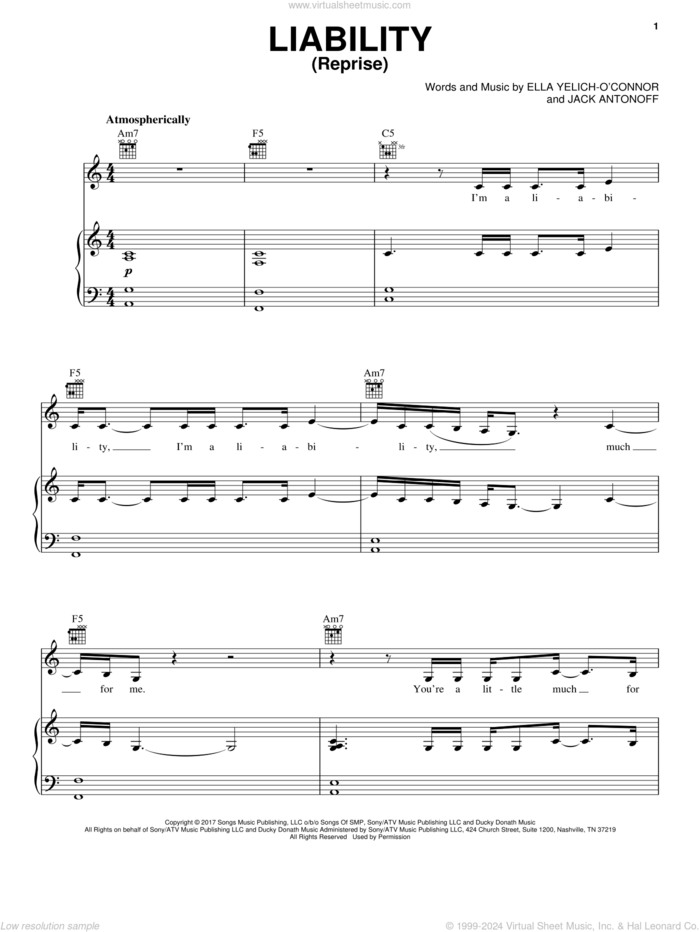 Liability (Reprise) sheet music for voice, piano or guitar by Lorde and Jack Antonoff, intermediate skill level