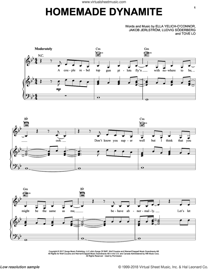 Homemade Dynamite sheet music for voice, piano or guitar by Lorde, Jakob Jerlstrom, Ludvig Soderberg and Tove Lo, intermediate skill level