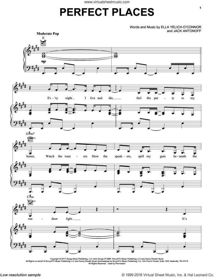 Perfect Places sheet music for voice, piano or guitar by Lorde and Jack Antonoff, intermediate skill level