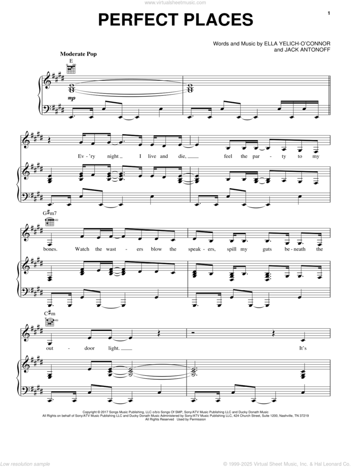 Perfect Places sheet music for voice, piano or guitar by Lorde and Jack Antonoff, intermediate skill level