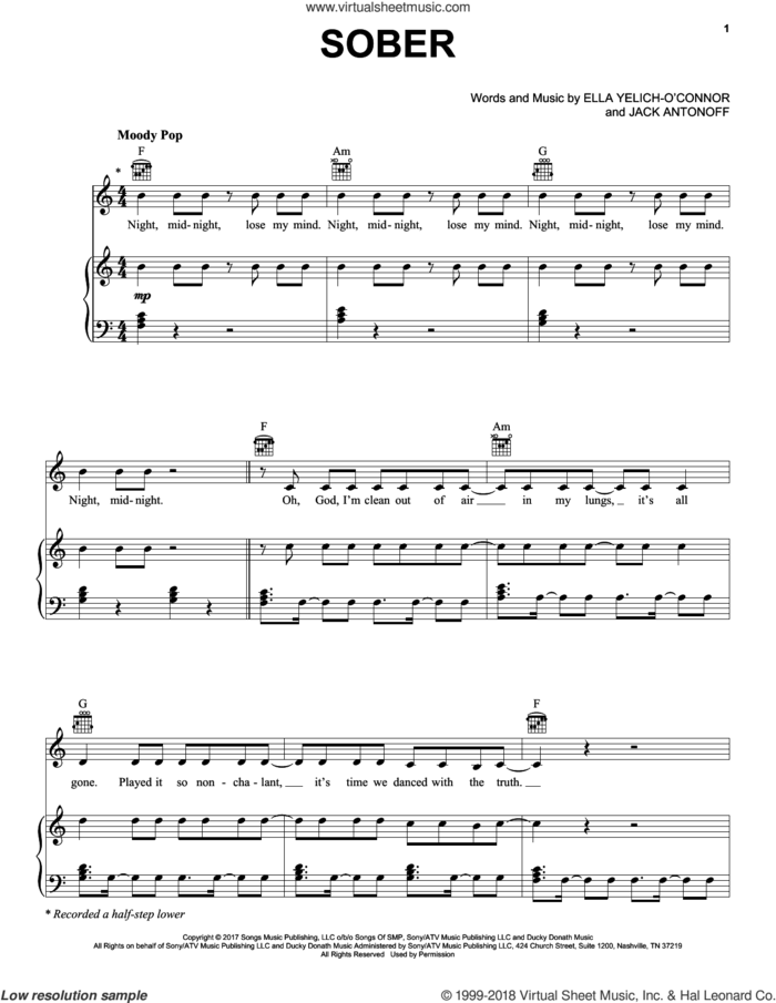 Sober sheet music for voice, piano or guitar by Lorde and Jack Antonoff, intermediate skill level