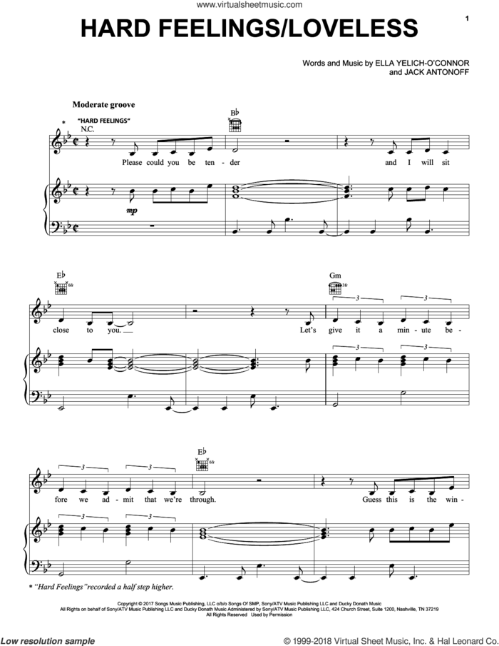 Hard Feelings/Loveless sheet music for voice, piano or guitar by Lorde and Jack Antonoff, intermediate skill level
