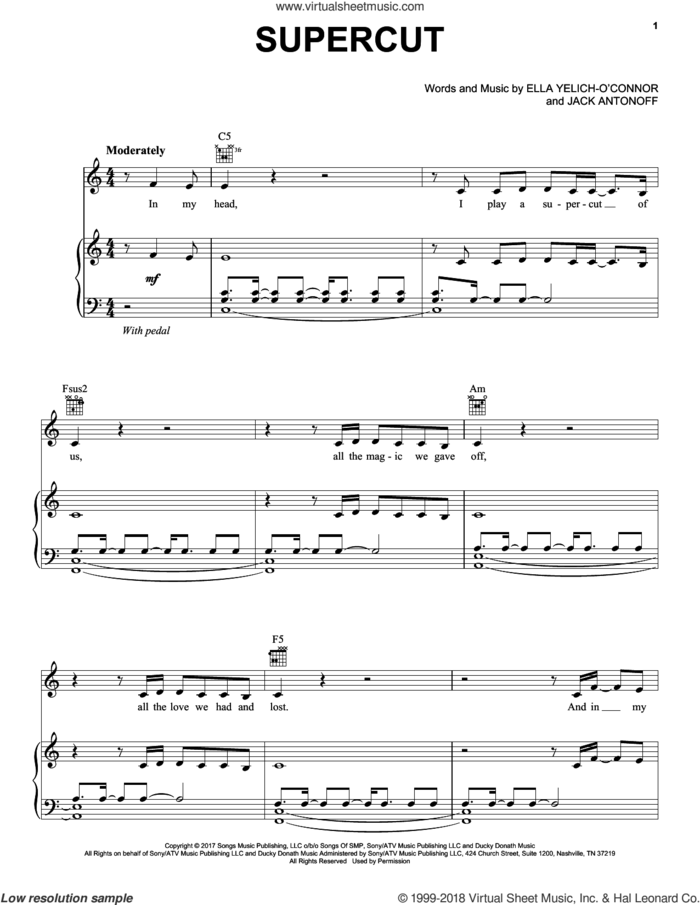 Supercut sheet music for voice, piano or guitar by Lorde and Jack Antonoff, intermediate skill level
