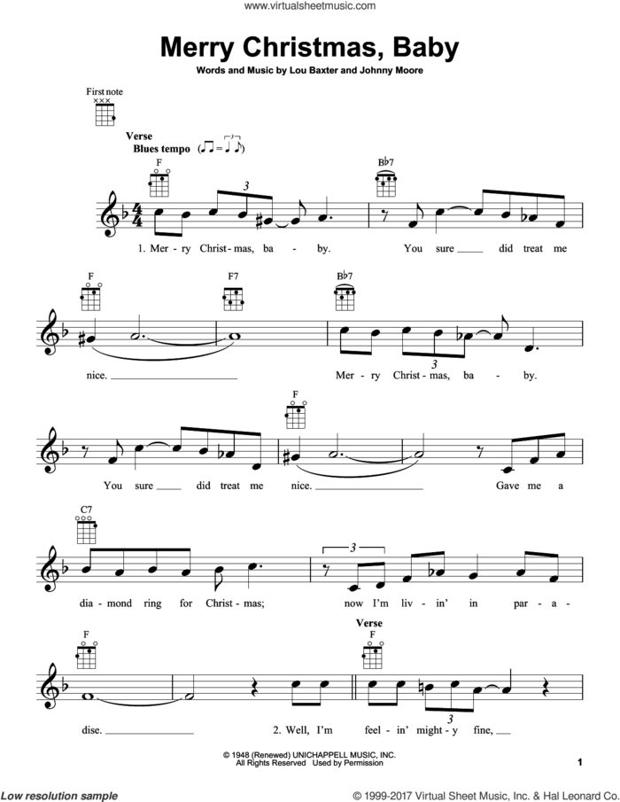 Merry Christmas, Baby sheet music for ukulele by Elvis Presley, Johnny Moore and Lou Baxter, intermediate skill level