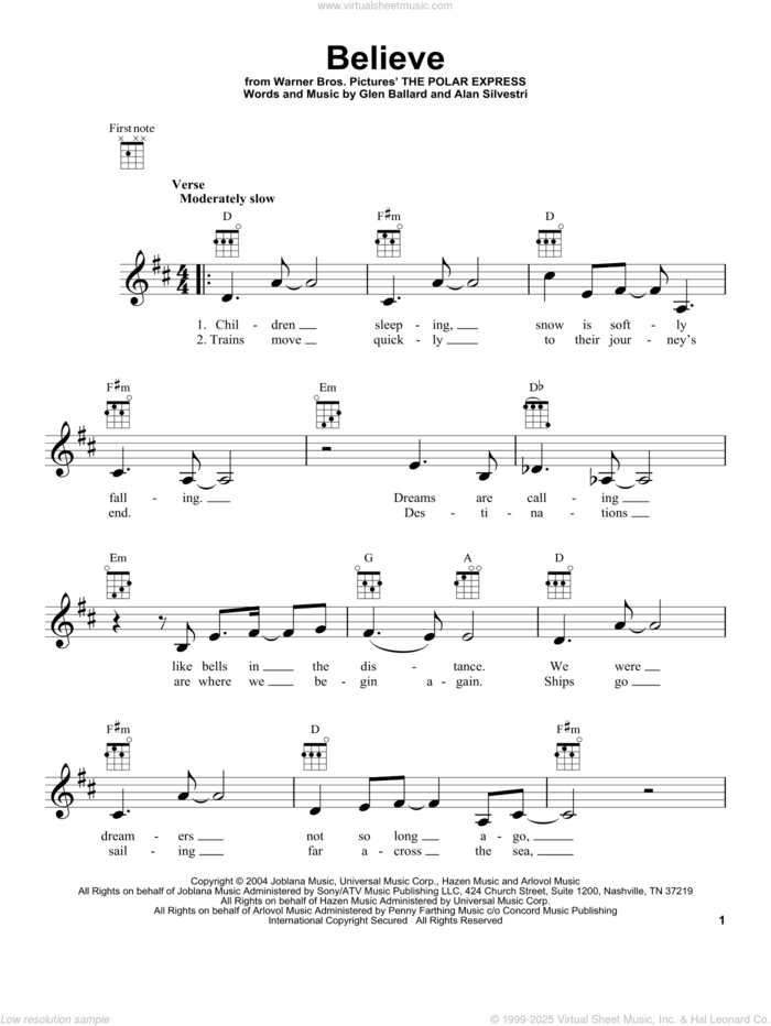 Believe (from The Polar Express) sheet music for ukulele by Josh Groban, Alan Silvestri and Glen Ballard, intermediate skill level