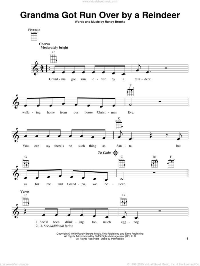 Grandma Got Run Over By A Reindeer sheet music for ukulele by Randy Brooks, intermediate skill level