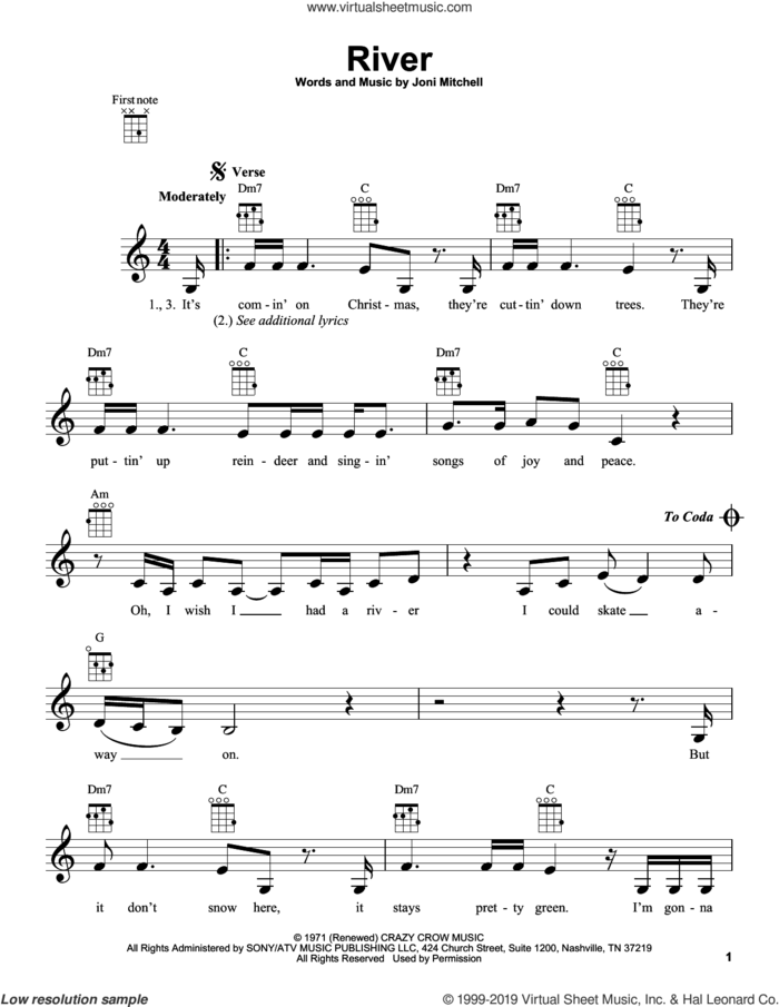 River sheet music for ukulele by Linda Ronstadt and Joni Mitchell, intermediate skill level