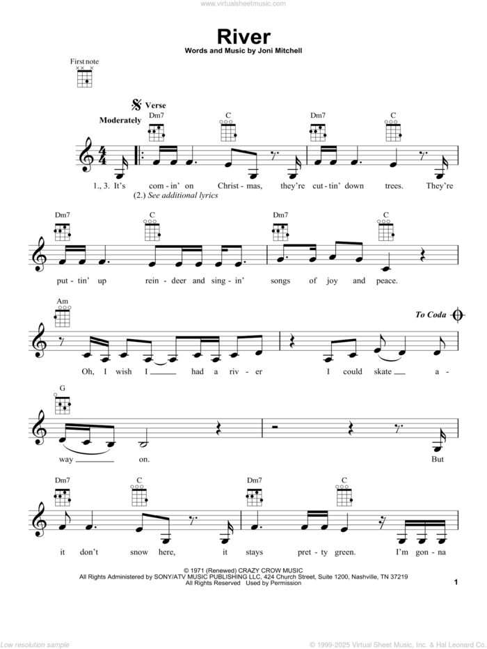 River sheet music for ukulele by Linda Ronstadt and Joni Mitchell, intermediate skill level