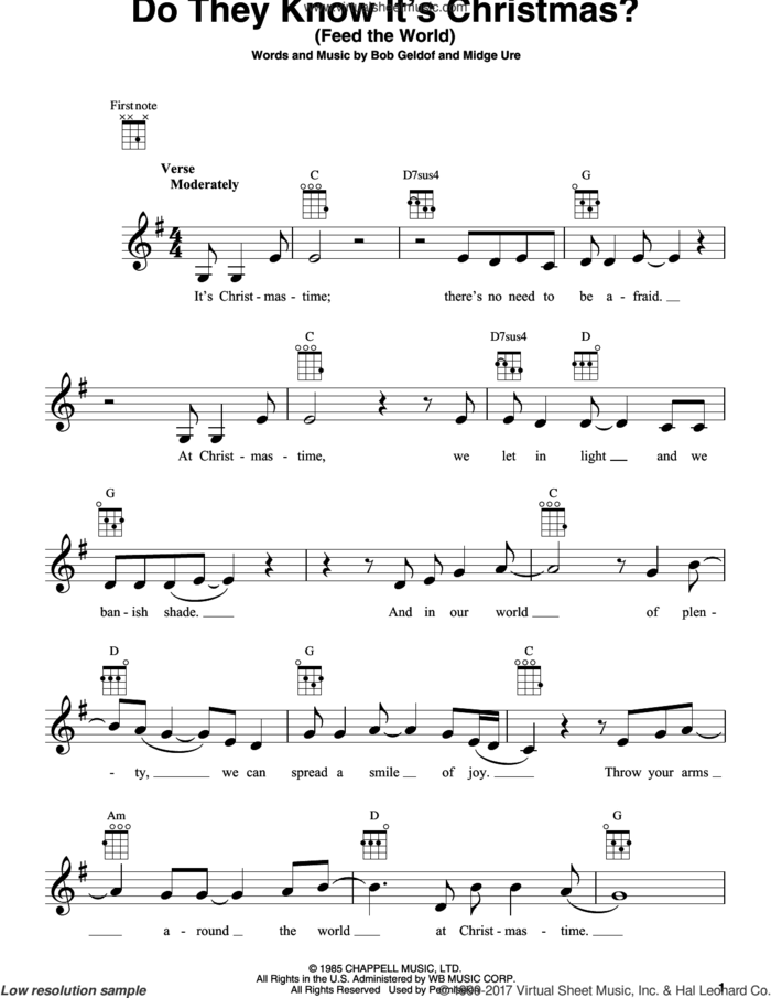 Do They Know It's Christmas? (Feed The World) sheet music for ukulele by Midge Ure, Band Aid and Bob Geldof, intermediate skill level