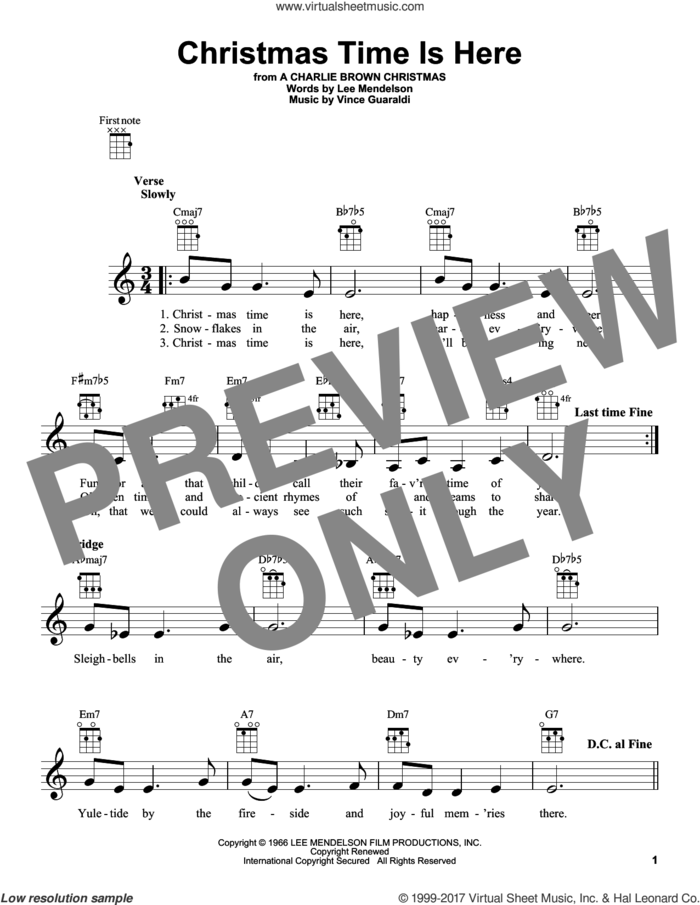 Christmas Time Is Here sheet music for ukulele by Vince Guaraldi and Lee Mendelson, intermediate skill level