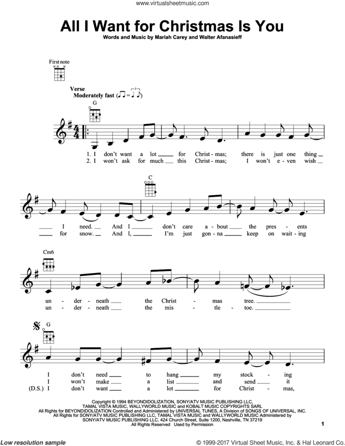 All I Want For Christmas Is You sheet music for ukulele by Mariah Carey and Walter Afanasieff, intermediate skill level