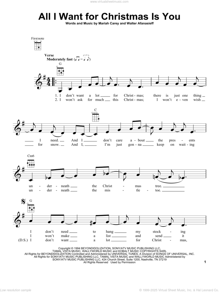 All I Want For Christmas Is You sheet music for ukulele by Mariah Carey and Walter Afanasieff, intermediate skill level