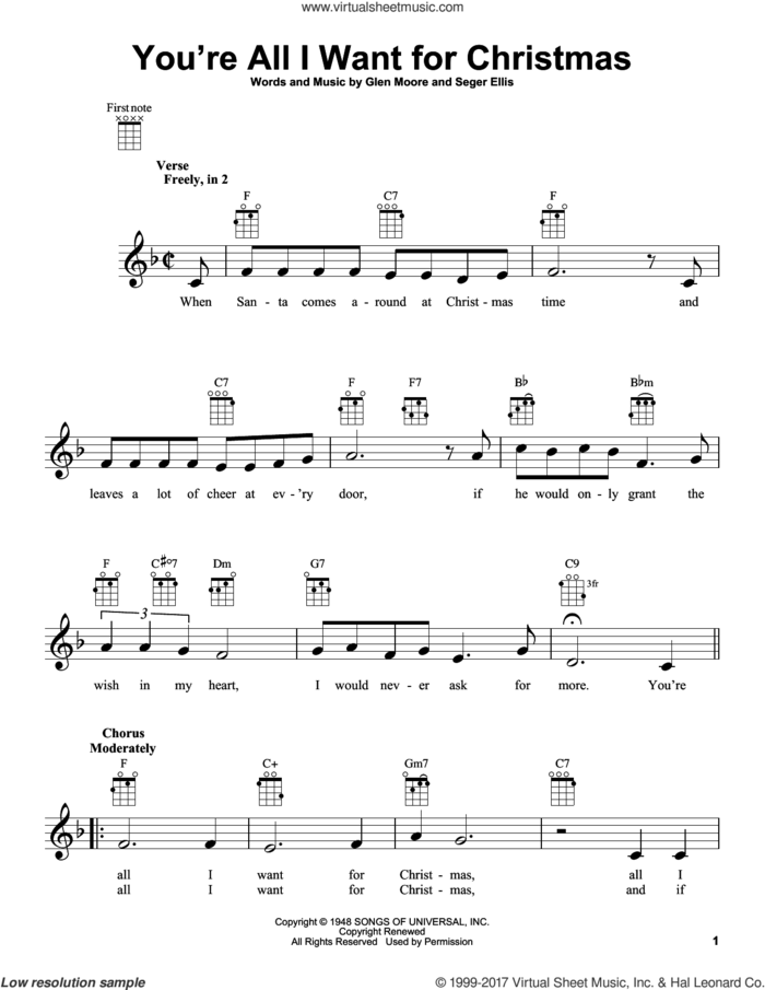 You're All I Want For Christmas sheet music for ukulele by Glen Moore, Frank Gallagher and Seger Ellis, intermediate skill level
