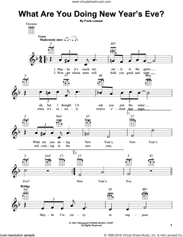 What Are You Doing New Year's Eve? (arr. Fred Sokolow) sheet music for ukulele by Frank Loesser, intermediate skill level
