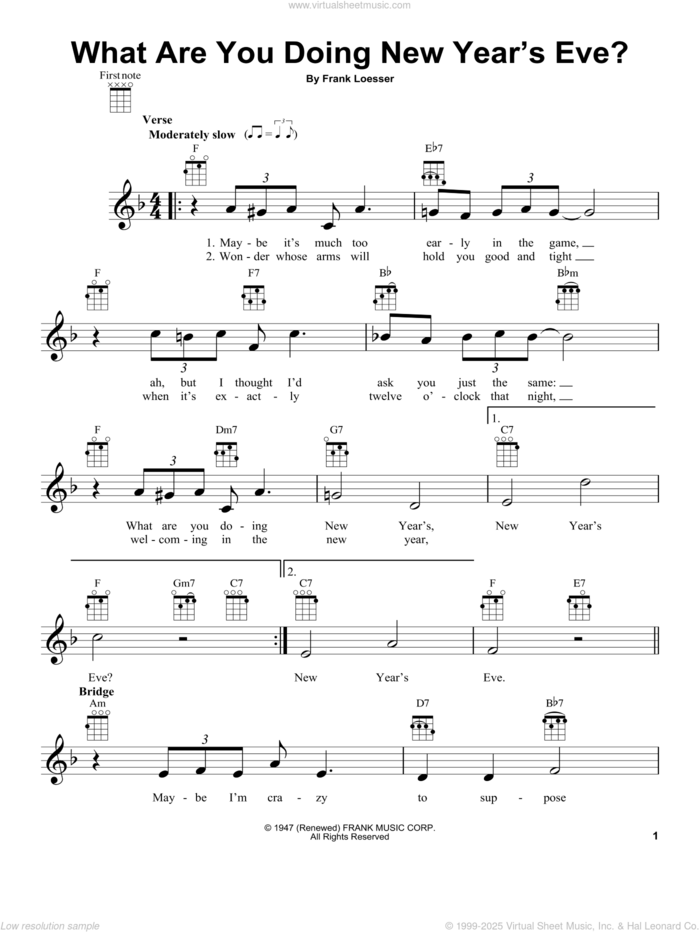 What Are You Doing New Year's Eve? (arr. Fred Sokolow) sheet music for ukulele by Frank Loesser, intermediate skill level