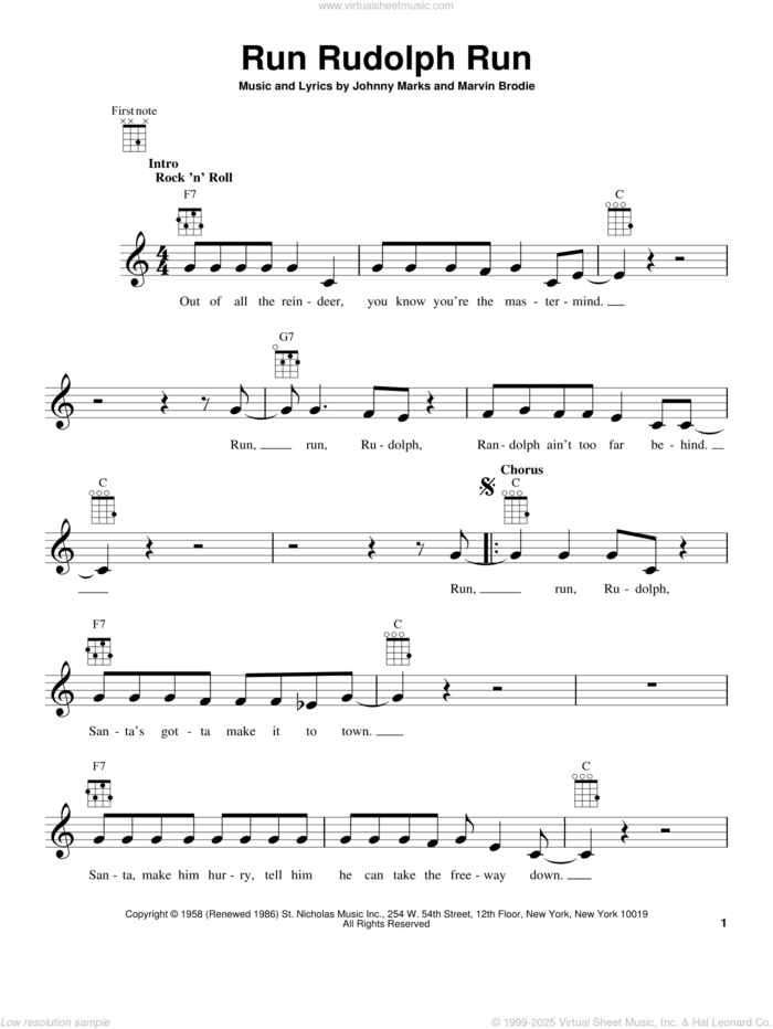 Run Rudolph Run sheet music for ukulele by Johnny Marks, Justin Moore and Marvin Brodie, intermediate skill level