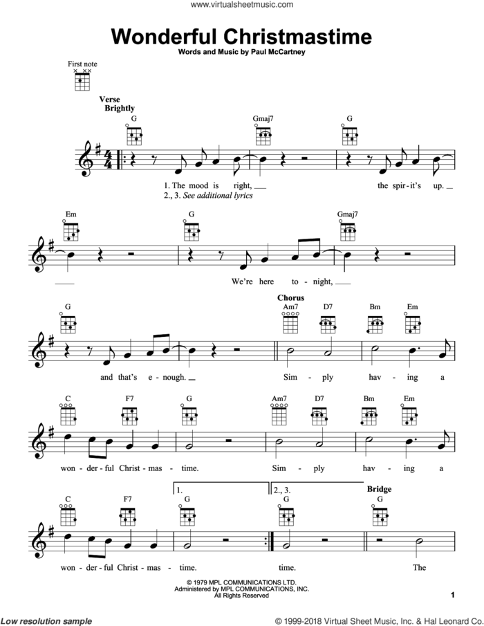 Wonderful Christmastime sheet music for ukulele by Paul McCartney, intermediate skill level
