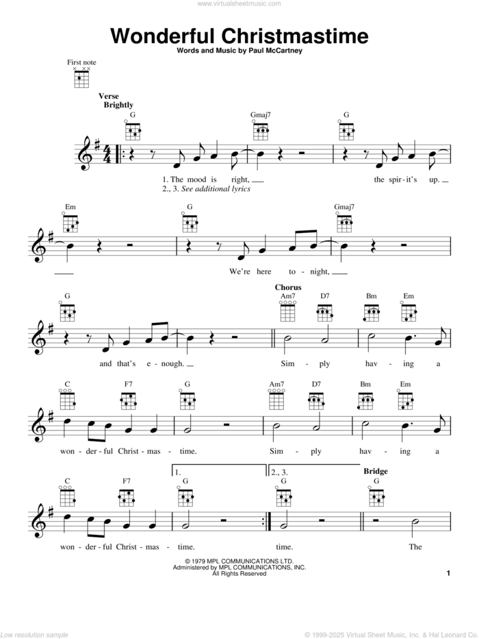 Wonderful Christmastime sheet music for ukulele by Paul McCartney, intermediate skill level