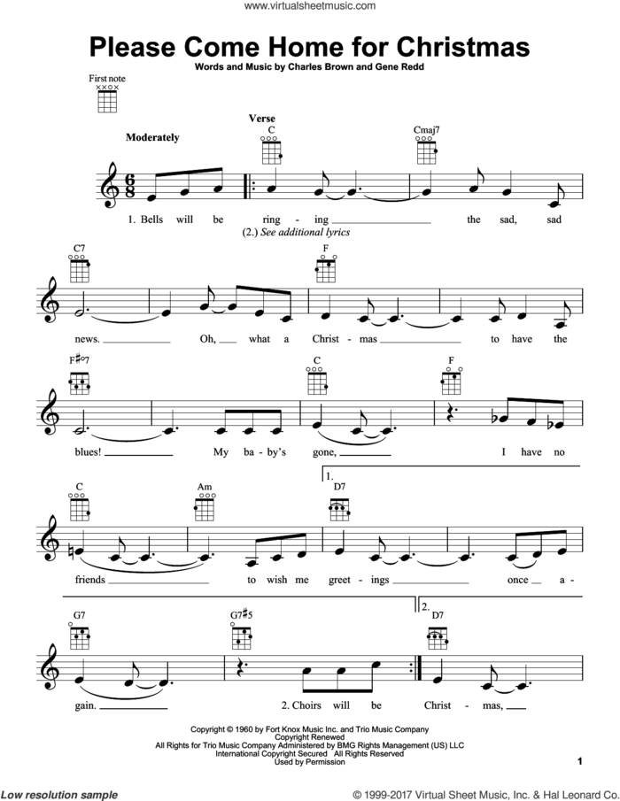 Please Come Home For Christmas sheet music for ukulele by Charles Brown, Josh Gracin, Martina McBride, Willie Nelson and Gene Redd, intermediate skill level