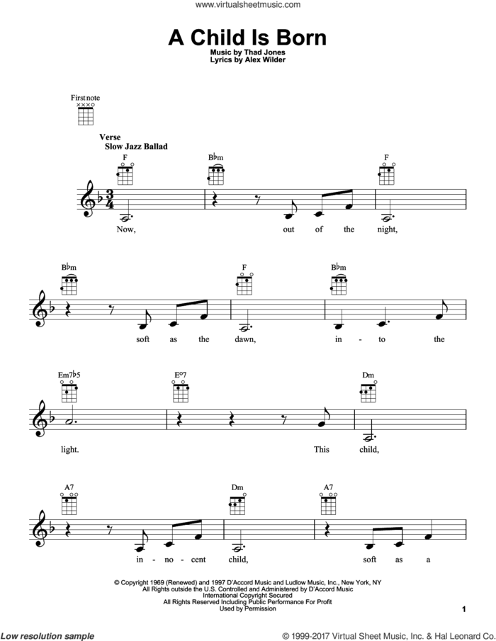 A Child Is Born sheet music for ukulele by Thad Jones and Alec Wilder, intermediate skill level