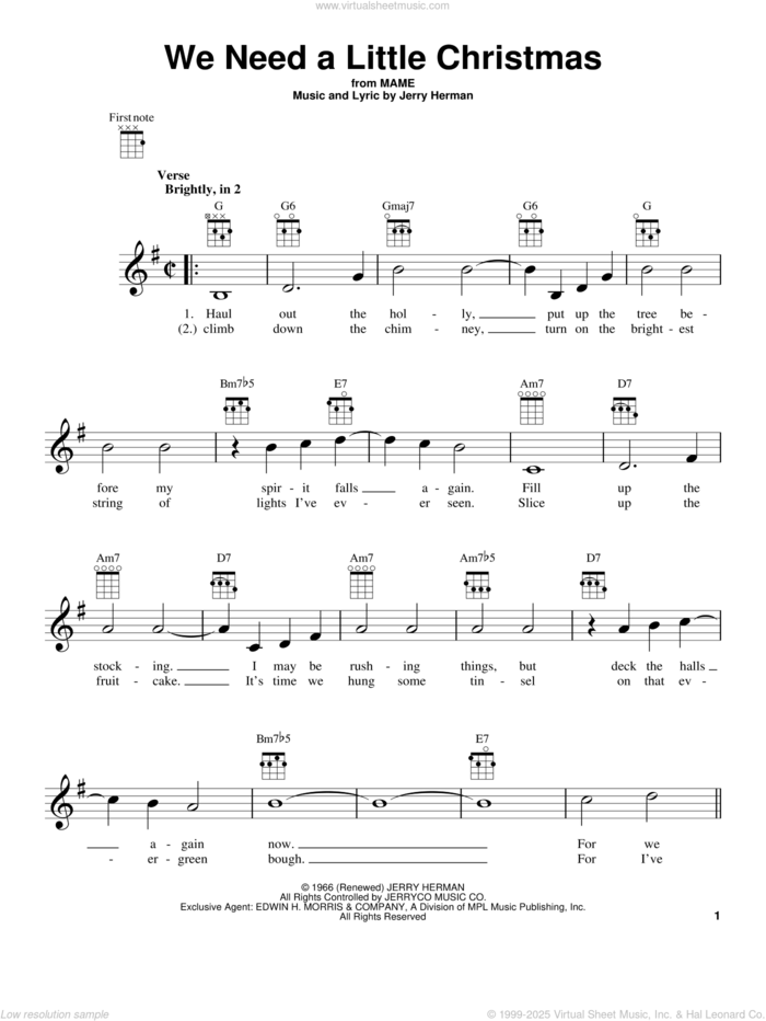 We Need A Little Christmas sheet music for ukulele by Jerry Herman and Kimberley Locke, intermediate skill level