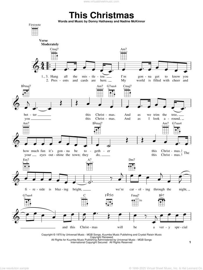 This Christmas sheet music for ukulele by Donny Hathaway and Nadine McKinnor, intermediate skill level