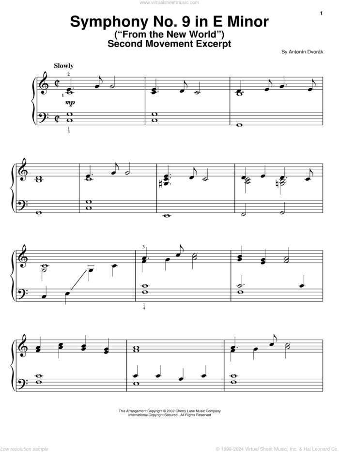 Symphony No. 9 In E Minor (From The New World), Second Movement Excerpt, (easy) sheet music for piano solo by Antonin Dvorak, classical score, easy skill level