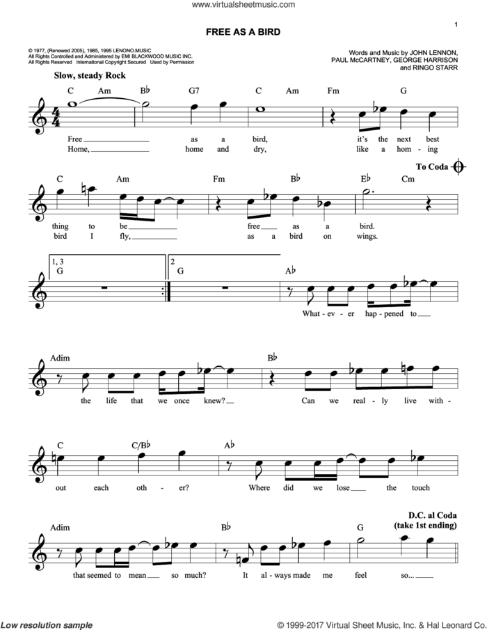 Free As A Bird sheet music for voice and other instruments (fake book) by The Beatles and John Lennon, easy skill level