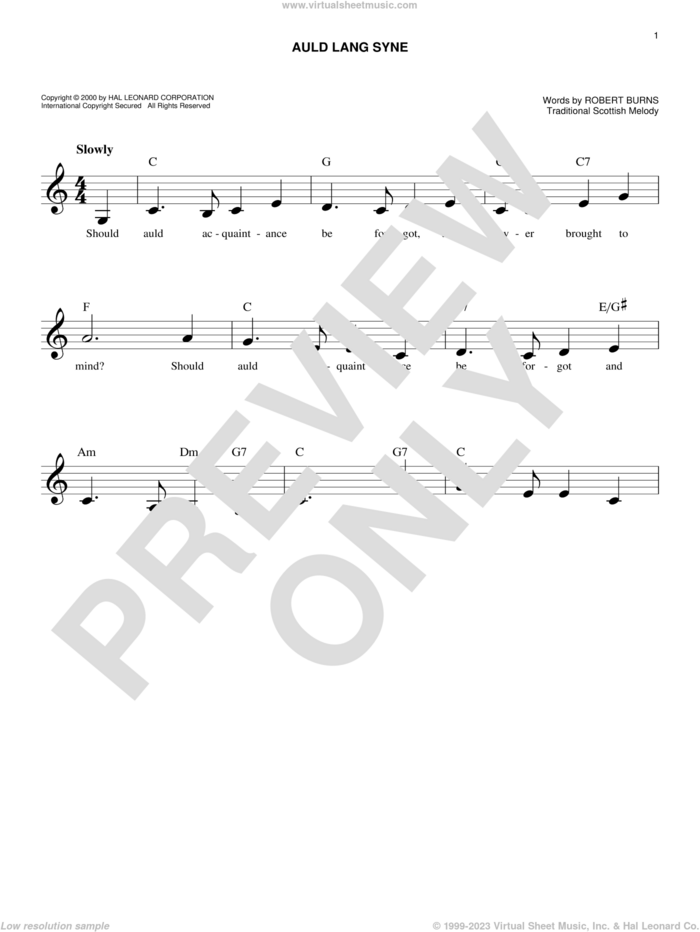 Auld Lang Syne sheet music for voice and other instruments (fake book) by Traditional Scottish Melody and Robert Burns, intermediate skill level