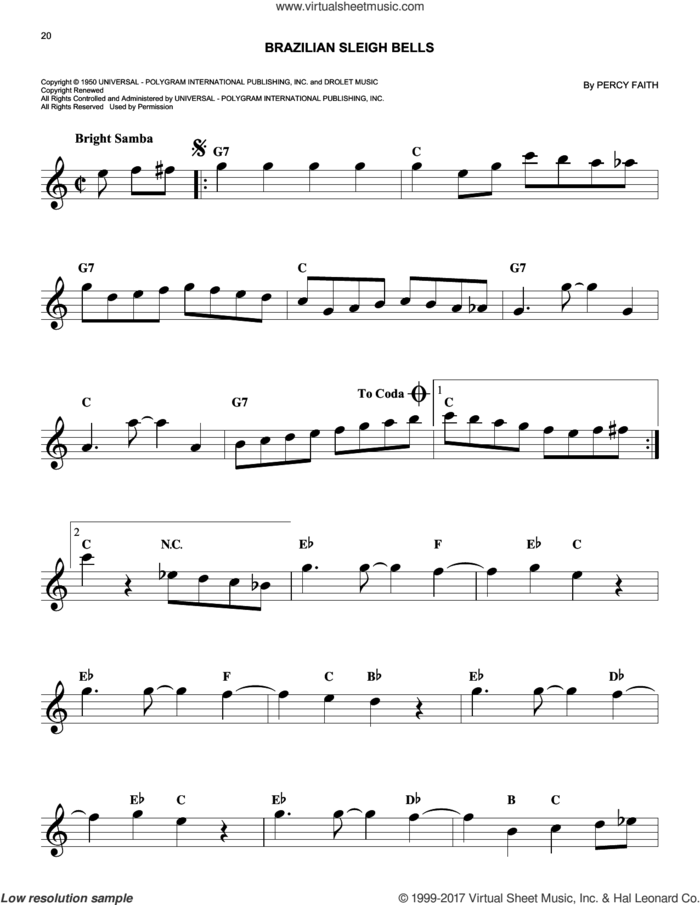 Brazilian Sleigh Bells sheet music for voice and other instruments (fake book) by Percy Faith, easy skill level
